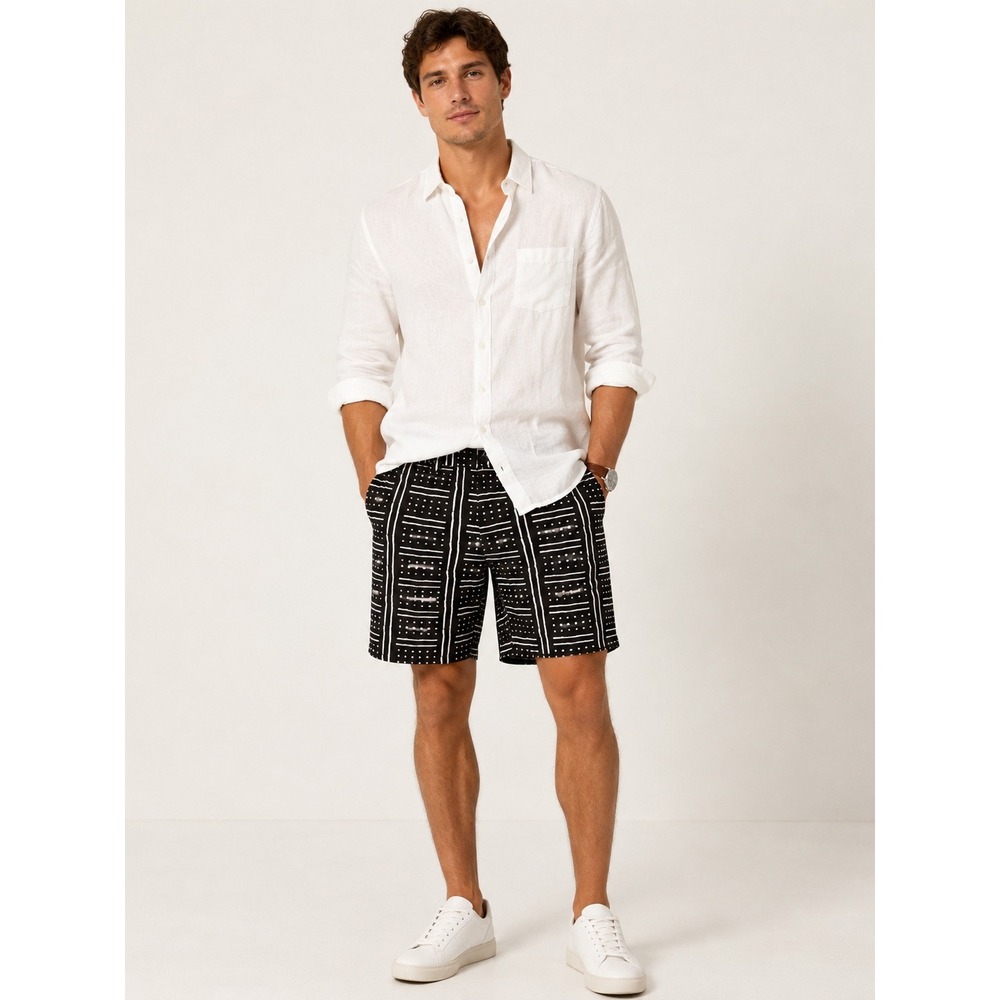 Club Monaco Men's Geometric Print Shorts Waist 33 Black White Flat Front Resort